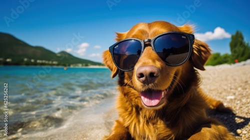 Funny dog with sunglasses on a beach. Generative AI illustration.
