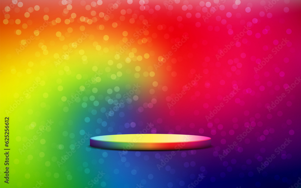 Pride Month product podium display 3d rainbow Empty Cylinder circle and bokeh in rainbow color background Pride Month product podium display 3d rainbow Empty Cylinder circle and bokeh in rainbow color background