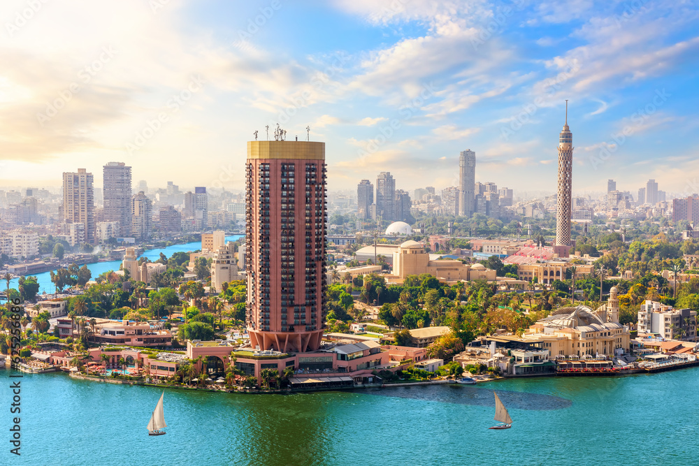 Fototapeta premium Cairo downtown panorama on the Tower, Nile and hotels, Egypt