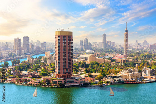Cairo downtown panorama on the Tower, Nile and hotels, Egypt