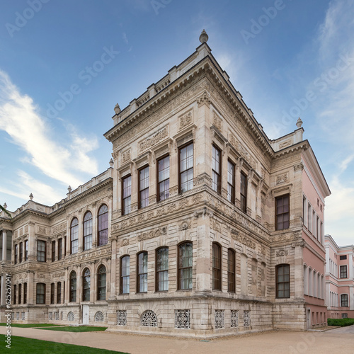 Dolmabahce Palace  or Dolmabahce Sarayi  located in Besiktas district on the European coast of the Bosporus  main administrative center of the Ottoman Empire formerly  Istanbul  Turkey