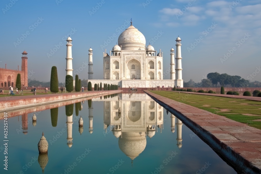 Naklejka premium Taj Mahal tomb with reflection in the water in Agra, Uttar Pradesh, India.