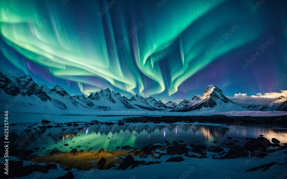 Northern Lights with stars in the night sky in the snowy mountains. Aurora borealis over the lake