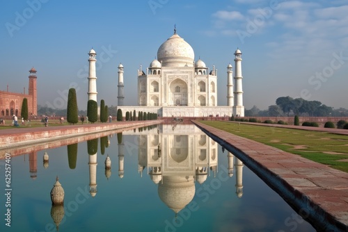 Taj Mahal tomb with reflection in the water in Agra, Uttar Pradesh, India.