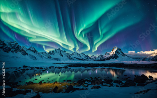 Northern Lights with stars in the night sky in the snowy mountains. Aurora borealis over the lake © Leohoho