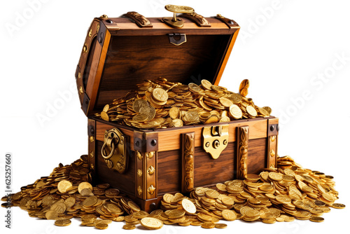 Treasure Chest Full of Gold Coins Isolated on Transparent Background. AI photo