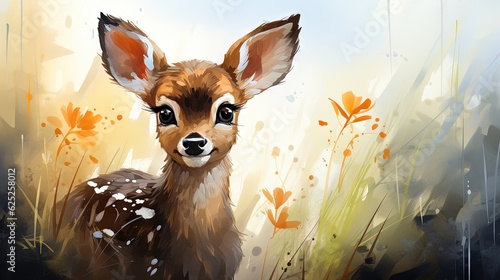  a painting of a fawn in a field of grass. generative ai © Jevjenijs