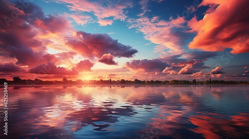  a beautiful sunset over a lake with clouds in the sky.  generative ai