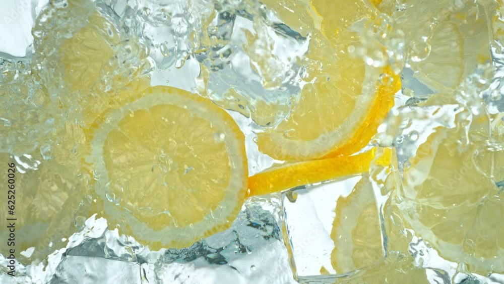 Super Slow Motion Shot of Water Wave Splashing on Lemon Slices and Ice Cubes at 1000fps. Super Slow Motion Shot of Water Wave Splashing on Lemon Slices and Ice Cubes at 1000fps.