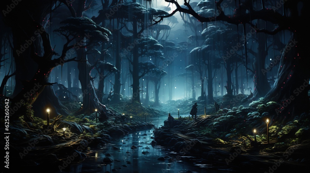 a painting of a forest with a stream running through it. generative ai a painting of a forest with a stream running through it. generative ai
