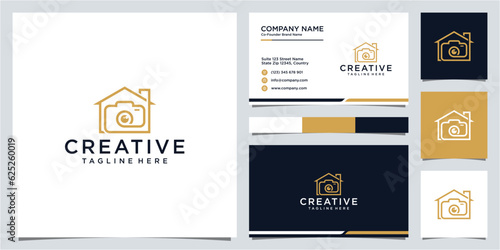 Minimalist real estate and lens photography logo design and business card template.