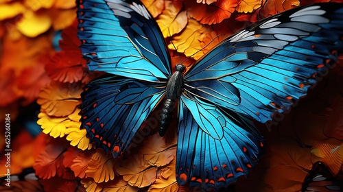  a blue butterfly sitting on top of a bunch of orange and yellow flowers.  generative ai