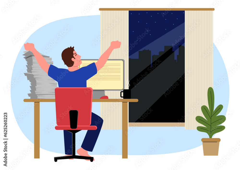 Fototapeta premium Clip art of a man stretching to release tension while working late in his apartment at midnight, vector illustration