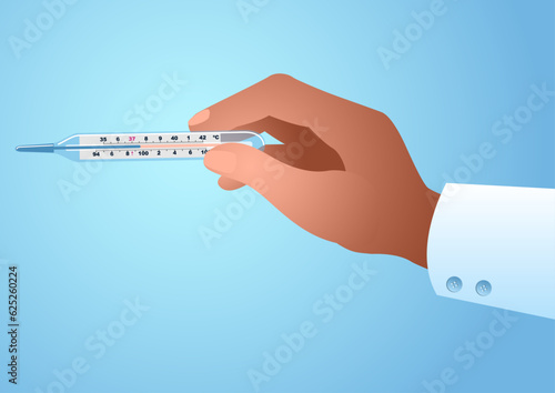 Doctor hand holding a medical mercury thermometer, vector illustration