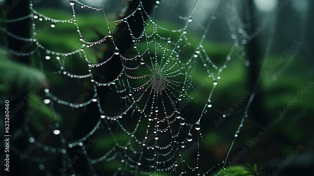  a spider web covered in water droplets in a forest setting.  generative ai