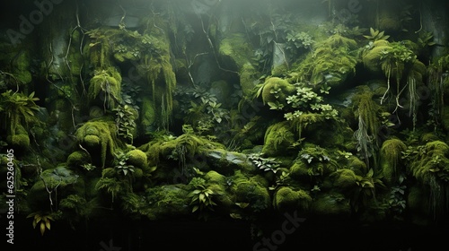  a painting of mossy rocks and plants in a dark room.  generative ai