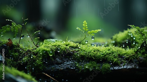  a close up of a moss covered log with water droplets. generative ai