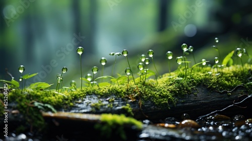  a close up of water droplets on a moss covered log.  generative ai