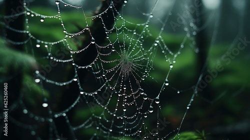  a spider web covered in water droplets in a forest setting.  generative ai © Jevjenijs