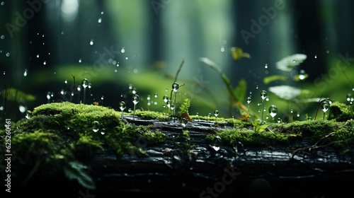  a moss covered log in the middle of a forest filled with raindrops. generative ai