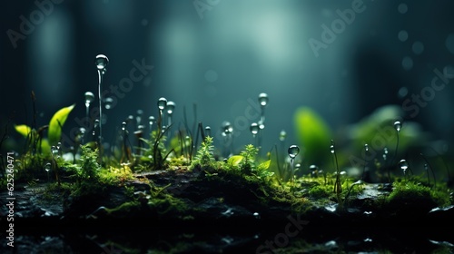  a mossy area with water drops on it and green grass.  generative ai