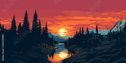 Vector illustration. Forest landscape at sunset.