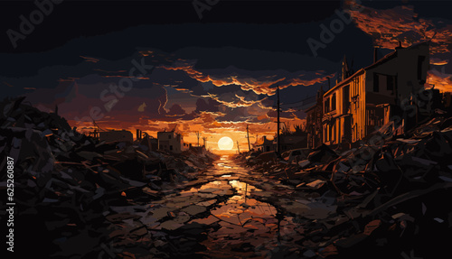 Vector illustration. Ruined city after the war. Post-apocalyptic.