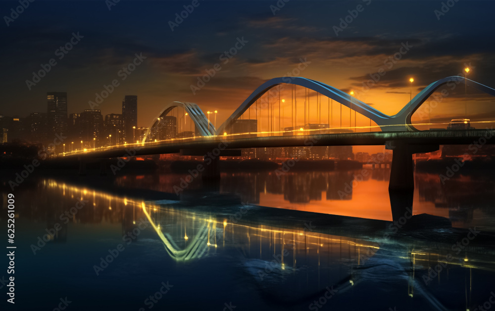Obraz premium illustrated of Highway bridge across a river. Sunset at the bridge across river. Bridge across river against sunset sky. Generative AI.