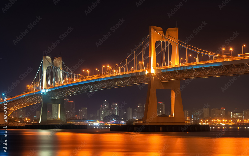 Obraz premium illustrated of Highway bridge across a river. Sunset at the bridge across river. Bridge across river against sunset sky. Generative AI.