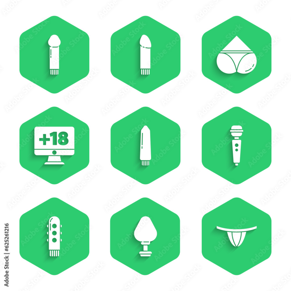 Set Dildo vibrator, Anal plug, Woman panties, Monitor with 18 plus content, and icon. Vector Set Dildo vibrator, Anal plug, Woman panties, Monitor with 18 plus content, and icon. Vector