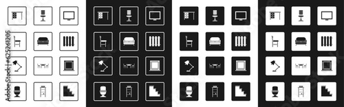 Set Picture frame on table, Sofa, Chair, Office desk, Heating radiator, chair, Makeup mirror with lights and Table lamp icon. Vector