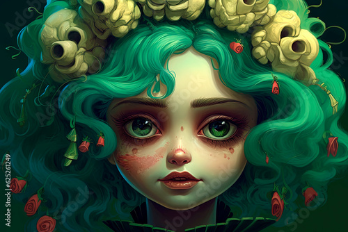 Witch, mermaid with green hair and roses in her hair. Generative AI