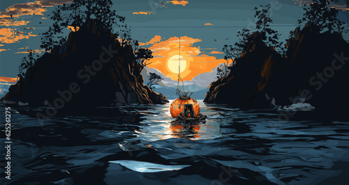 Vector illustration. Fantastic picture. The rescue boat, after landing from space, floats along the river between the rocks towards sunset.