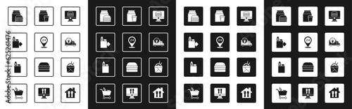 Set Online ordering and delivery, Round the clock, burger, Fast by car, Asian noodles chopsticks and Shopping bag food icon. Vector