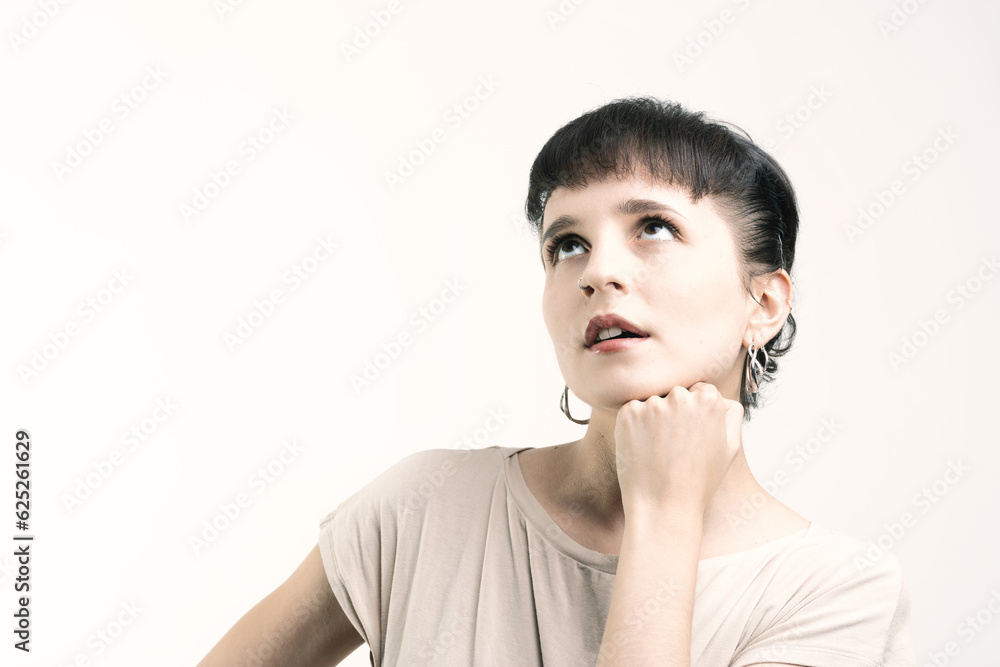Woman with bangs exaggerates boredom Woman with bangs exaggerates boredom
