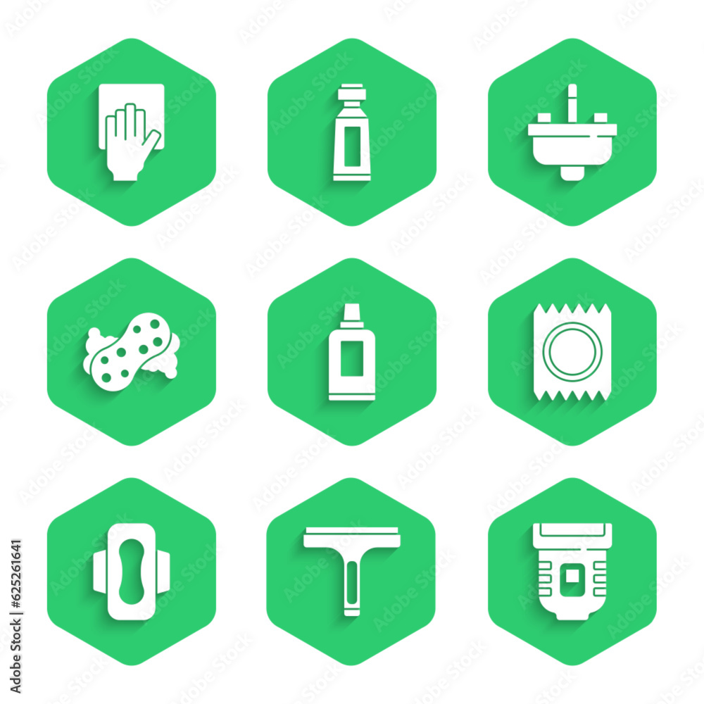 Set Bottle for cleaning agent, Rubber cleaner, Epilator, Condom package safe sex, Sanitary napkin, Sponge, Washbasin with water tap and Cleaning service icon. Vector Set Bottle for cleaning agent, Rubber cleaner, Epilator, Condom package safe sex, Sanitary napkin, Sponge, Washbasin with water tap and Cleaning service icon. Vector