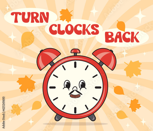 Cartoon character alarm clock calls to turn the clock back. Daylight saving time
