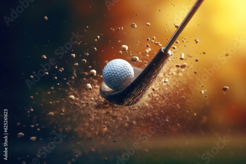 Golf game. Close-up of golf club hitting ball, flying mud outdoors