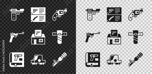 Set Pistol or gun, Weapon catalog, Small revolver, Book with pistol, Collimator sight, Anti-tank hand grenade, Mauser and Hunting shop weapon icon. Vector