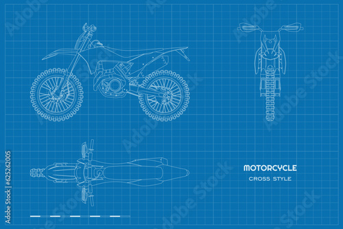 Outline cross motorcycle drawing. Line motorbike art. Front, side, top view of motocross cycle. Extreme bike industrial draw. Motorsport vehicle blueprint
