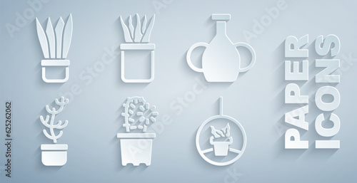 Tableau sur toile Set Cactus peyote in pot, Vase, Exotic tropical plant, Plant hanging, and icon