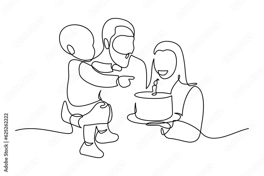 Birthday party in continuous line art drawing style. Happy family celebrating kid birthday with traditional Birthday cake. Black linear sketch isolated on white background. Vector illustration