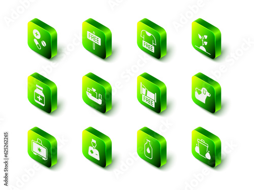 Set Free sign, Clothes donation, Volunteer team planting trees, Heart with dog, Trash can, overnight stay house, Bottle of water and Male doctor icon. Vector