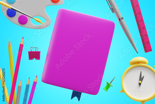 Back to school. A book surrounded by an alarm clock paint pencils. 3d rendering