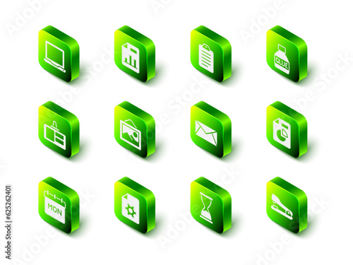 Set Document with graph chart, To do list or planning, Glue, Stapler, Mail and e-mail, Old hourglass and settings icon. Vector