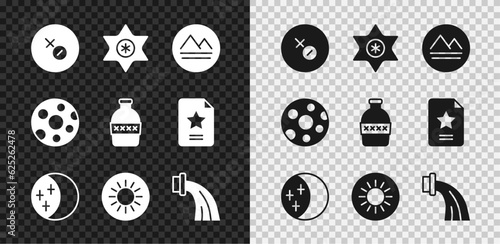 Set Venus symbol, Falling star, Earth element, Eclipse of the sun, Sun, Aquarius zodiac, Full moon and Bottle water icon. Vector