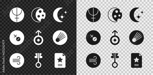 Set Neptune planet, Eclipse of the sun, Moon and stars, Windy weather, Old magic key, Star constellation zodiac, Venus symbol and Symbol Uranus icon. Vector
