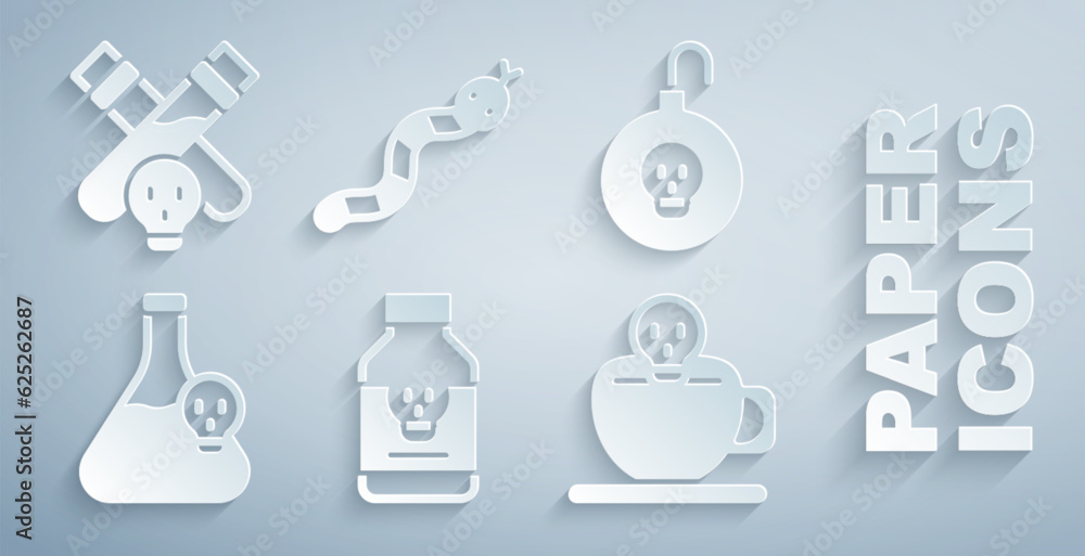 Set Poisoned pill, Nuclear bomb, Beaker with toxic liquid, Coffee cup skull, Snake and Bottle potion icon. Vector Set Poisoned pill, Nuclear bomb, Beaker with toxic liquid, Coffee cup skull, Snake and Bottle potion icon. Vector