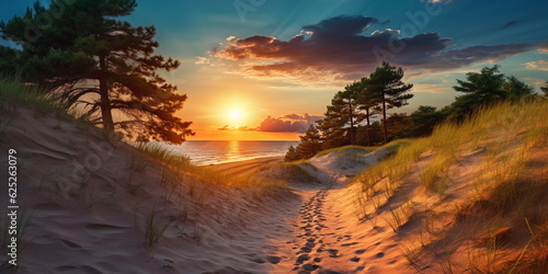 sandy dunes on Baltic beach sunset on beach  pine trees sun reflection on se water  wooden bench and bike  nature landscape 