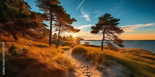 sandy dunes on Baltic beach sunset on beach  pine trees sun reflection on se water  wooden bench and bike  nature landscape 